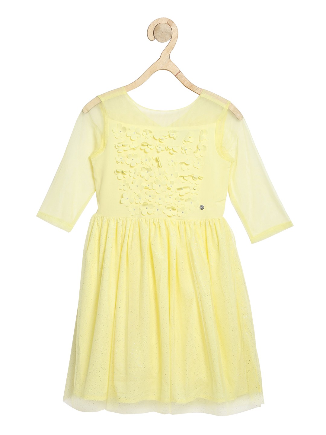 

Allen Solly Junior Girls Yellow Floral Applique Shimmer A-Line Dress