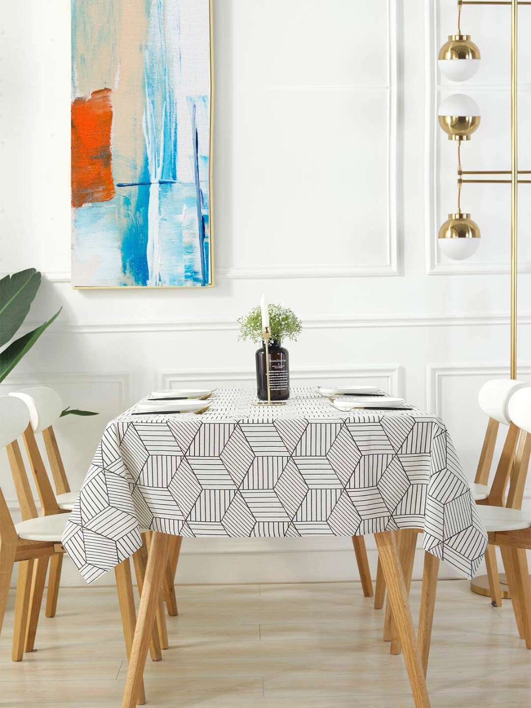 

MODERN HOMES Black & White Geometric Hand Printed 4-Seater Table Cover
