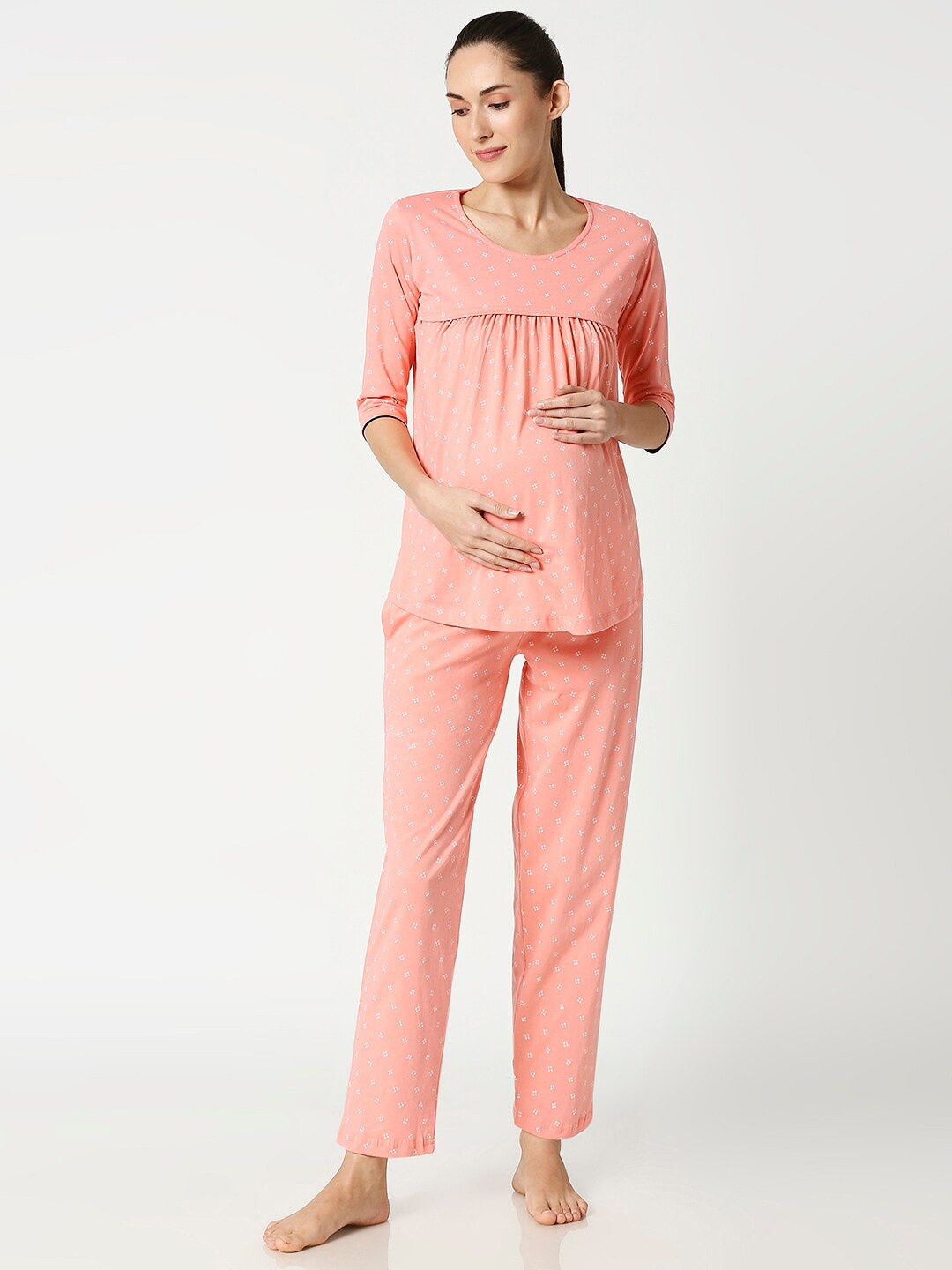 

AV2 Women Peach-Coloured & White Printed Maternity/Nursing Night suit