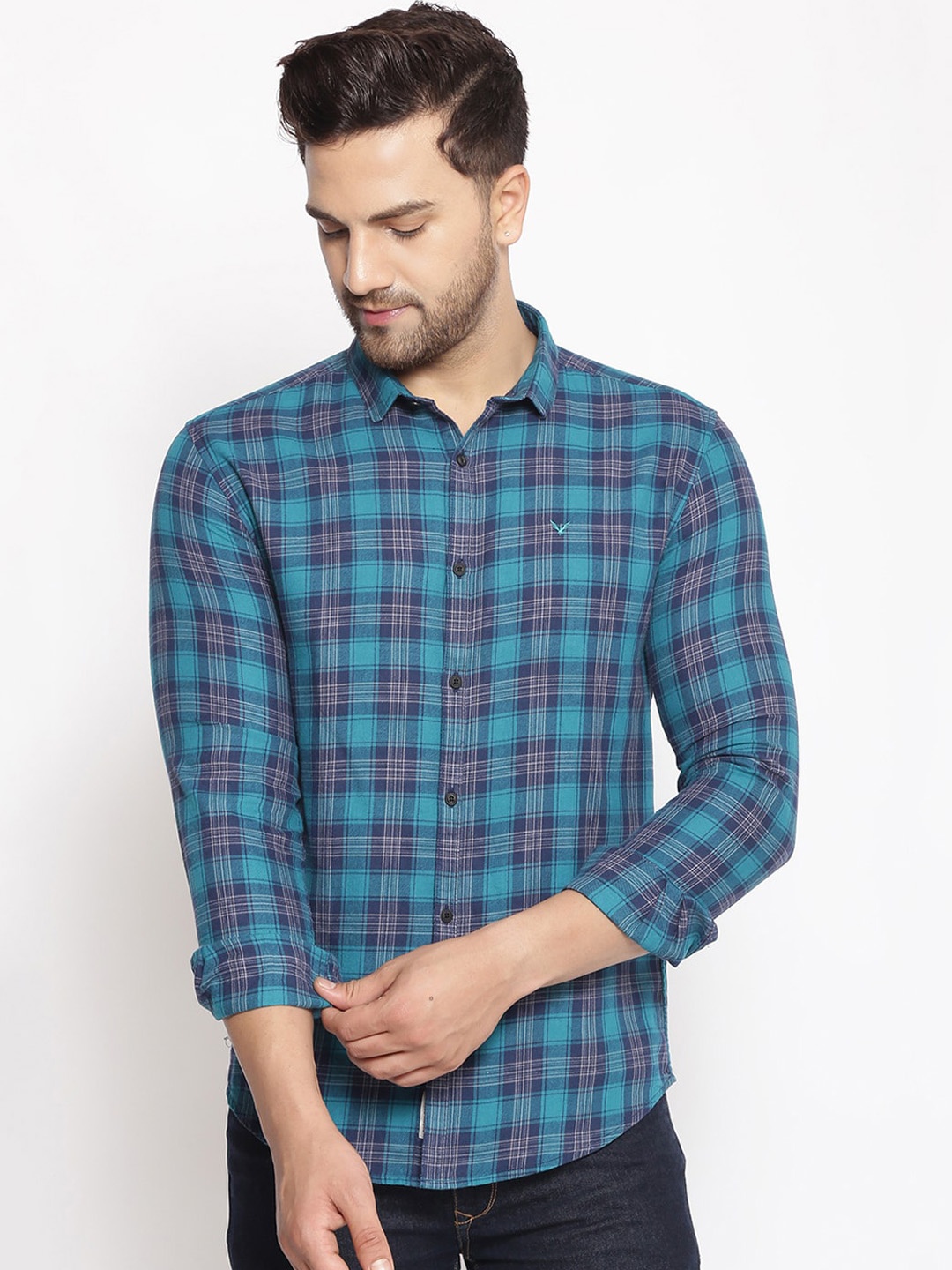 

SHOWOFF Men Blue Cotton Classic Slim Fit Checked Casual Shirt