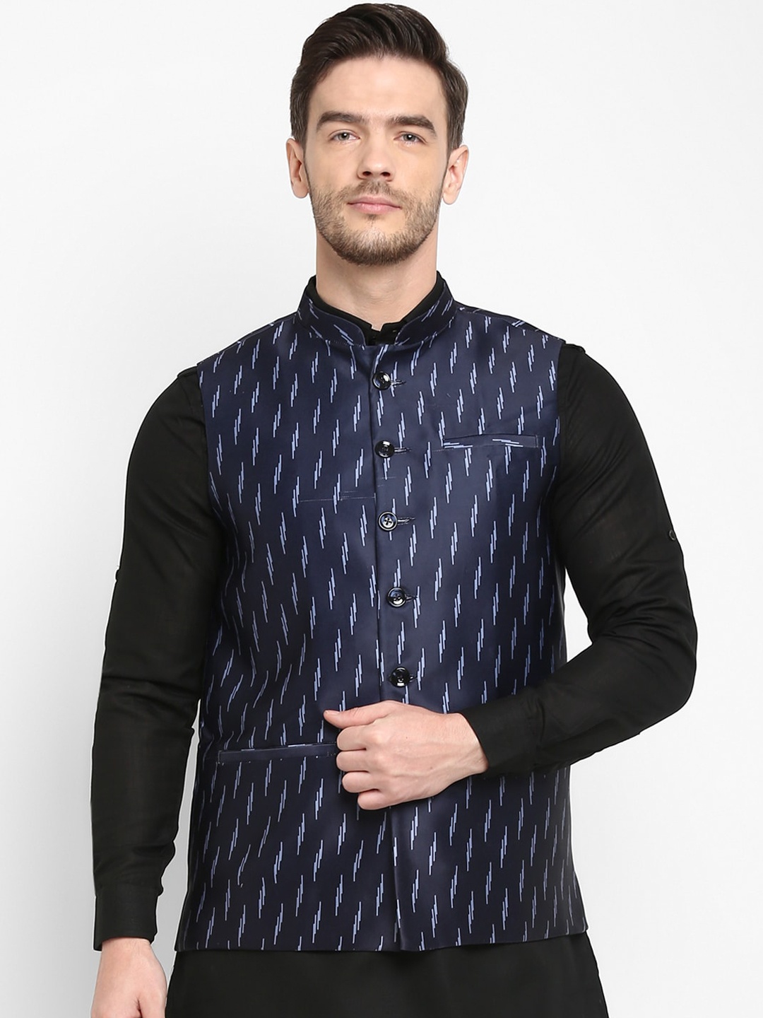 Hangup Men Navy Blue & White Printed Woven Nehru Jacket