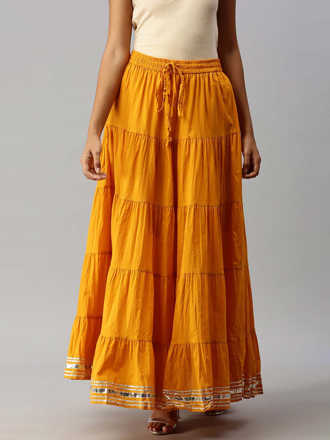 

Soch Women Yellow Solid Tiered Cotton Maxi Skirt