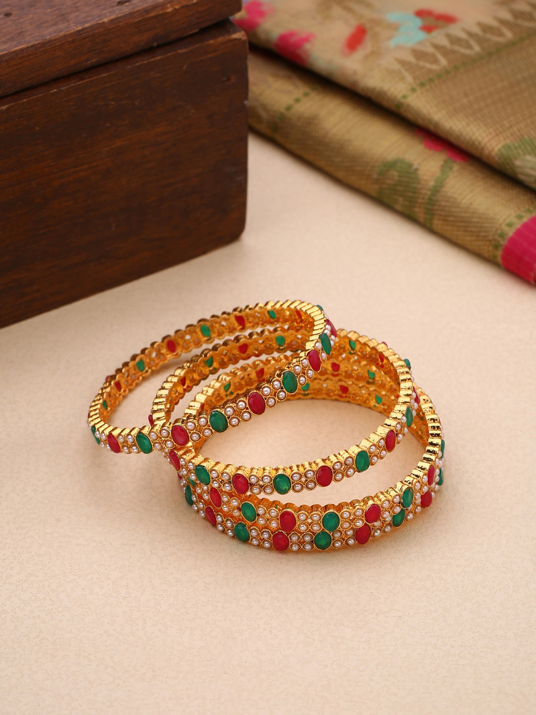 

Shoshaa Set Of 4 Gold-Plated Green & Red Stone-Studded Handcrafted Bangles