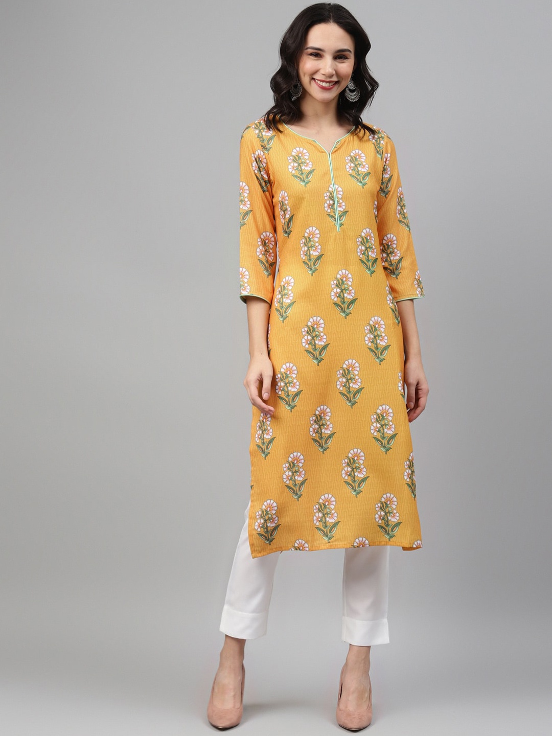 

ZIYAA Women Yellow & Green Floral Printed Kurta