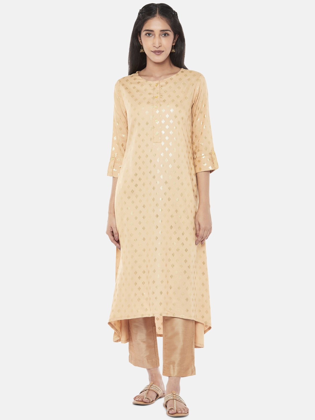 

RANGMANCH BY PANTALOONS Women Peach-Coloured & Gold-Toned Geometric Kurta