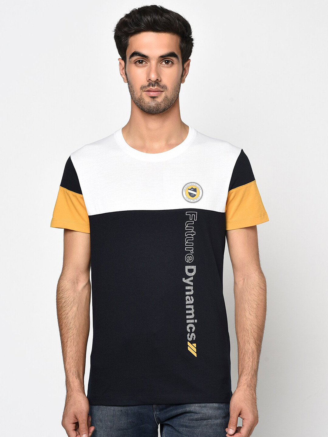 

Octave Men Navy Blue Colourblocked Round Neck T-shirt
