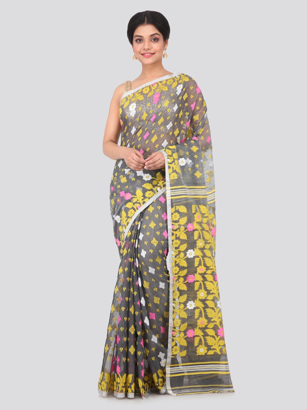 

PinkLoom Grey Woven Design Jamdani Sustainable Saree