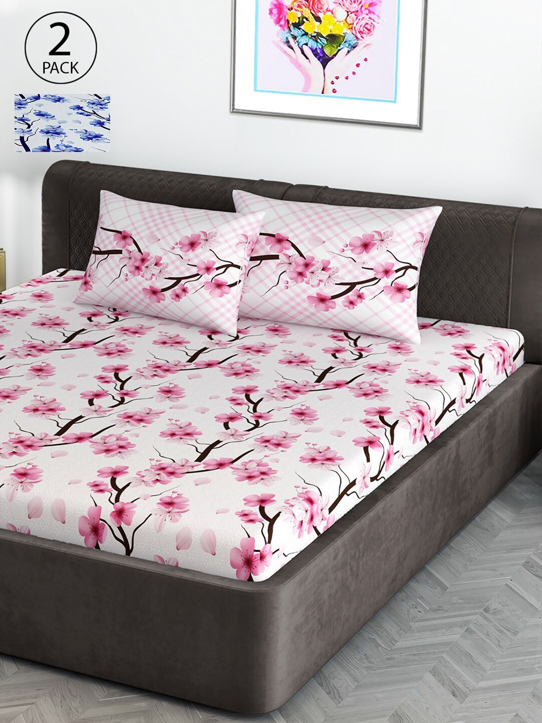 

Divine Casa White & Blue Floral 144 TC Cotton 2 King Bedsheet with 4 Pillow Covers