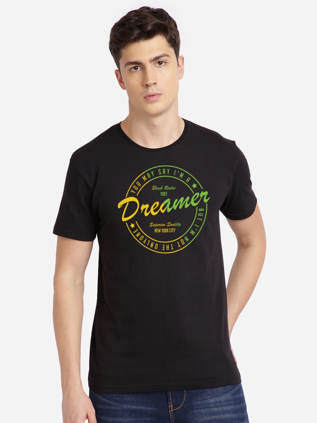 

MASH UNLIMITED Men Black Printed Round Neck Cotton T-shirt