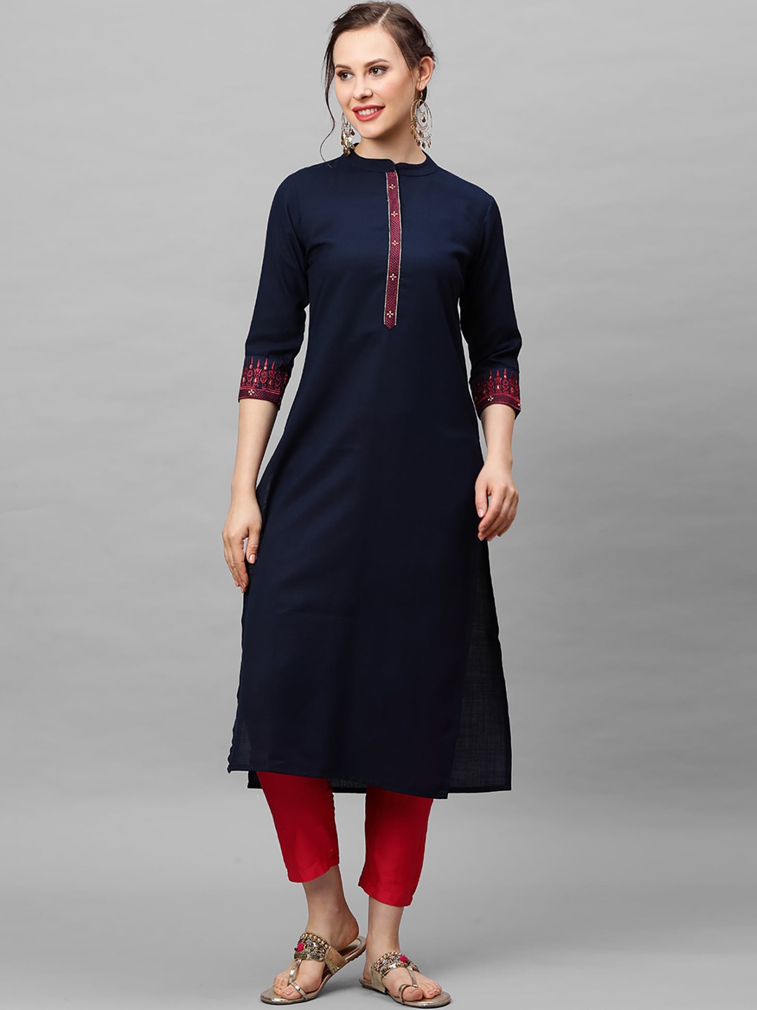 

Indo Era Women Navy Blue Yoke Design Thread Work Kurta