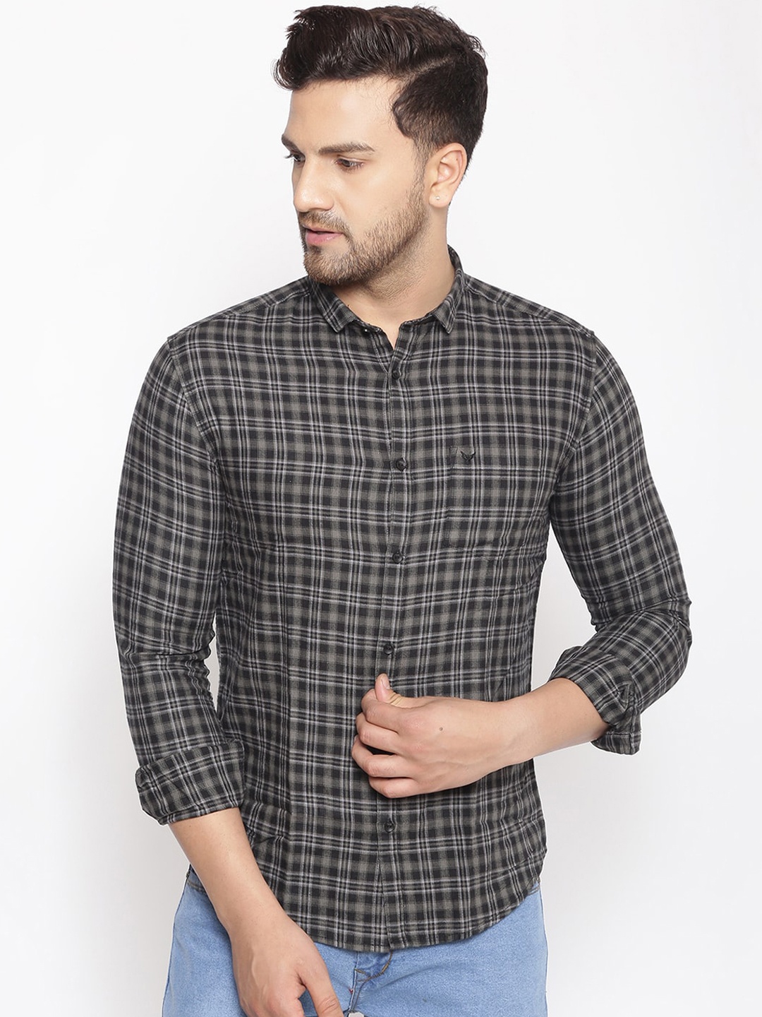 

SHOWOFF Men Charcoal Grey & White Cotton Classic Slim Fit Checked Casual Shirt