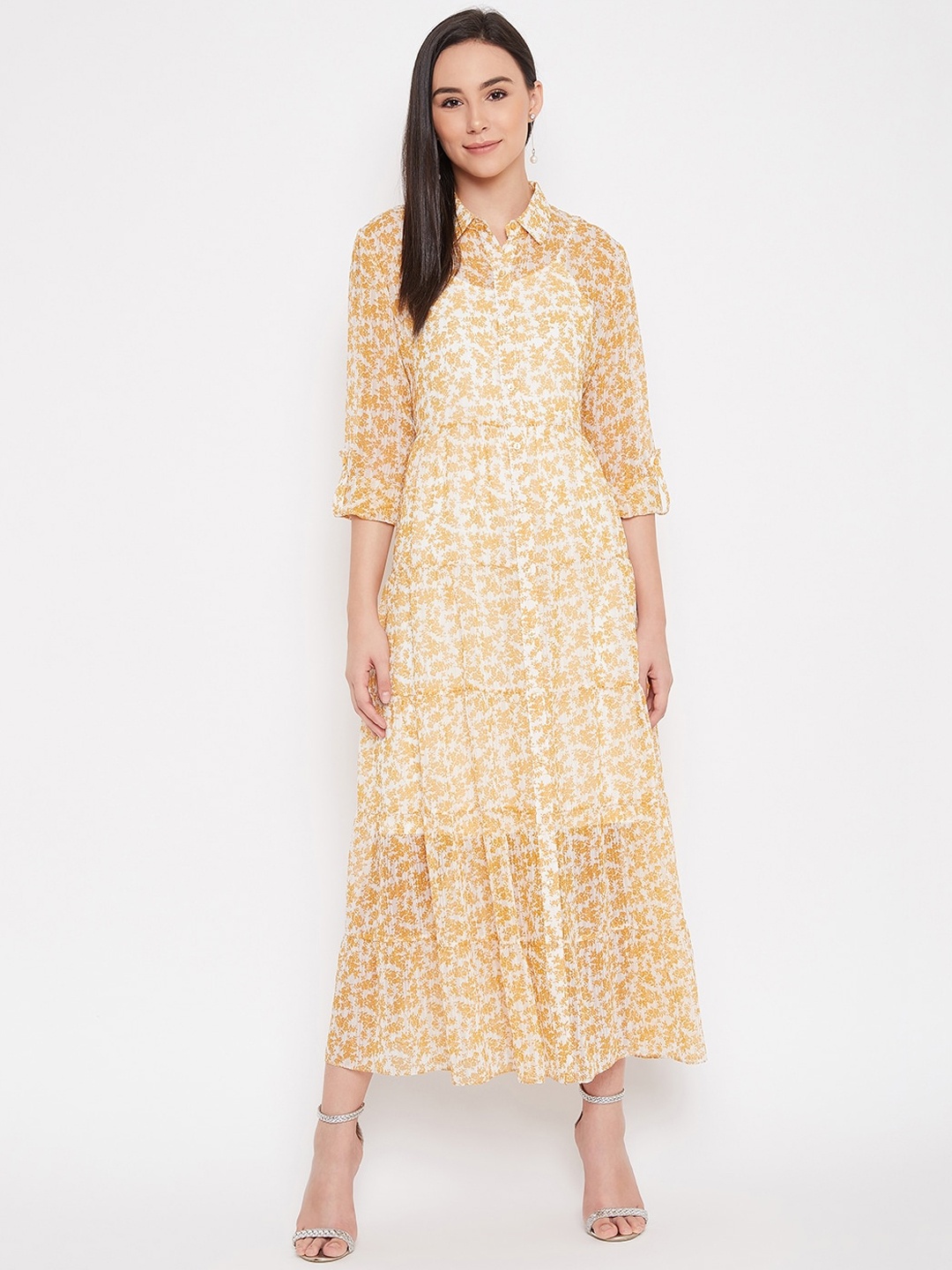 

Madame Women Beige and Off-White Printed Midi A-Line Dress