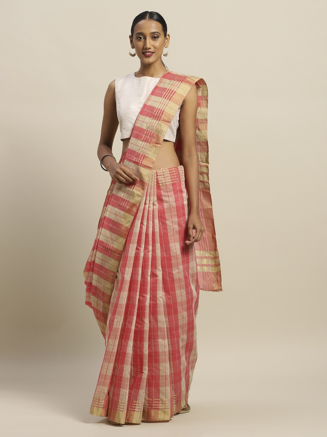 

Florence Pink & Beige Art Silk Checked Saree