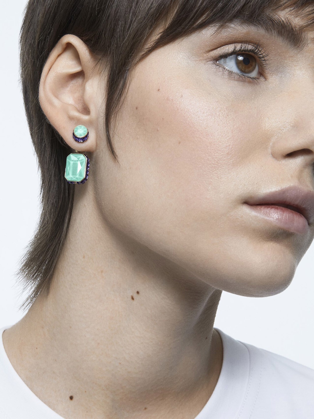 

SWAROVSKI Green Gold-Plated Orbita Earrings Asymmetrica Octagon Cut Crystal Studs