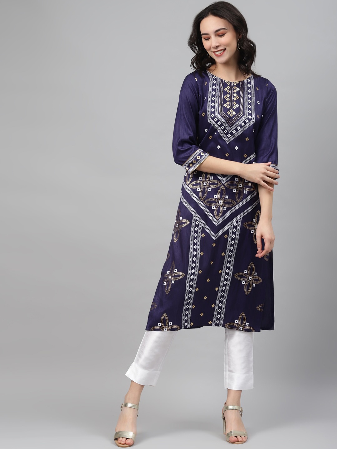 

ZIYAA Women Blue & White Ethnic Motifs Printed Round Neck Kurta