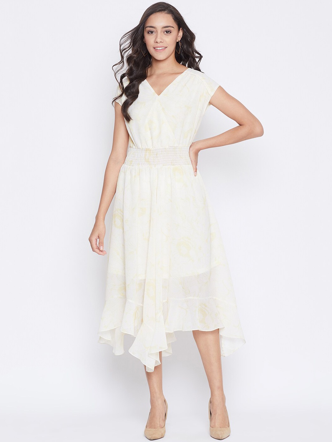 

Madame Women Off-White & Yellow Printed Fit and Flare Dress