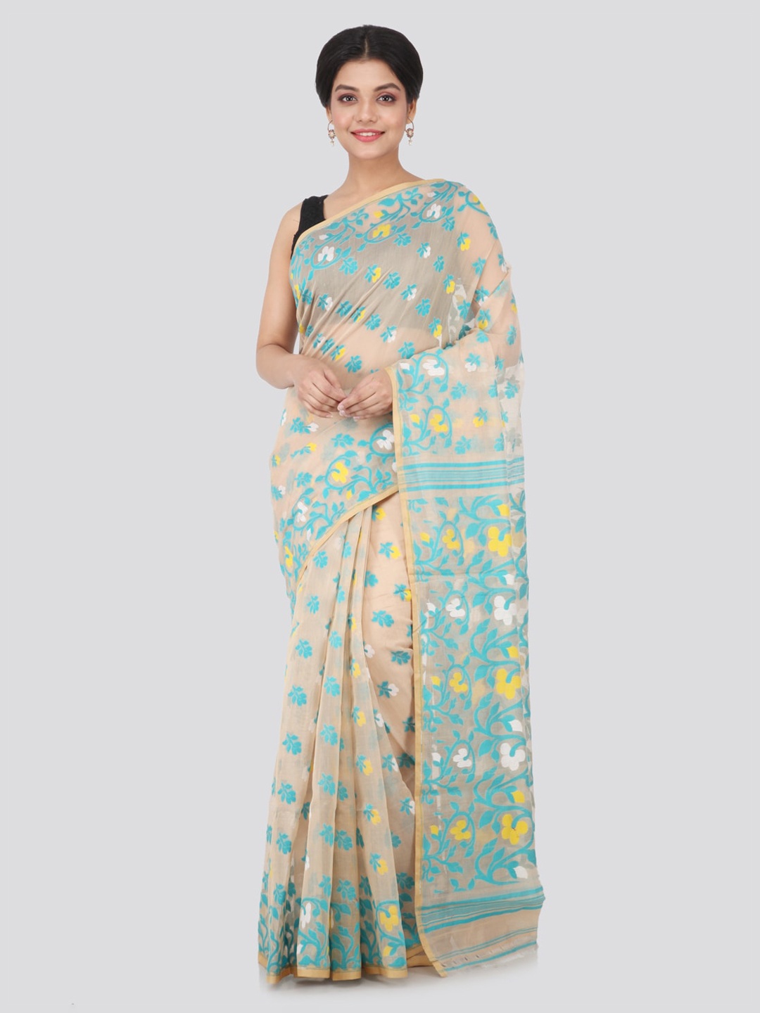 

PinkLoom Beige Pure Cotton Woven Design Jamdani Sustainable Saree