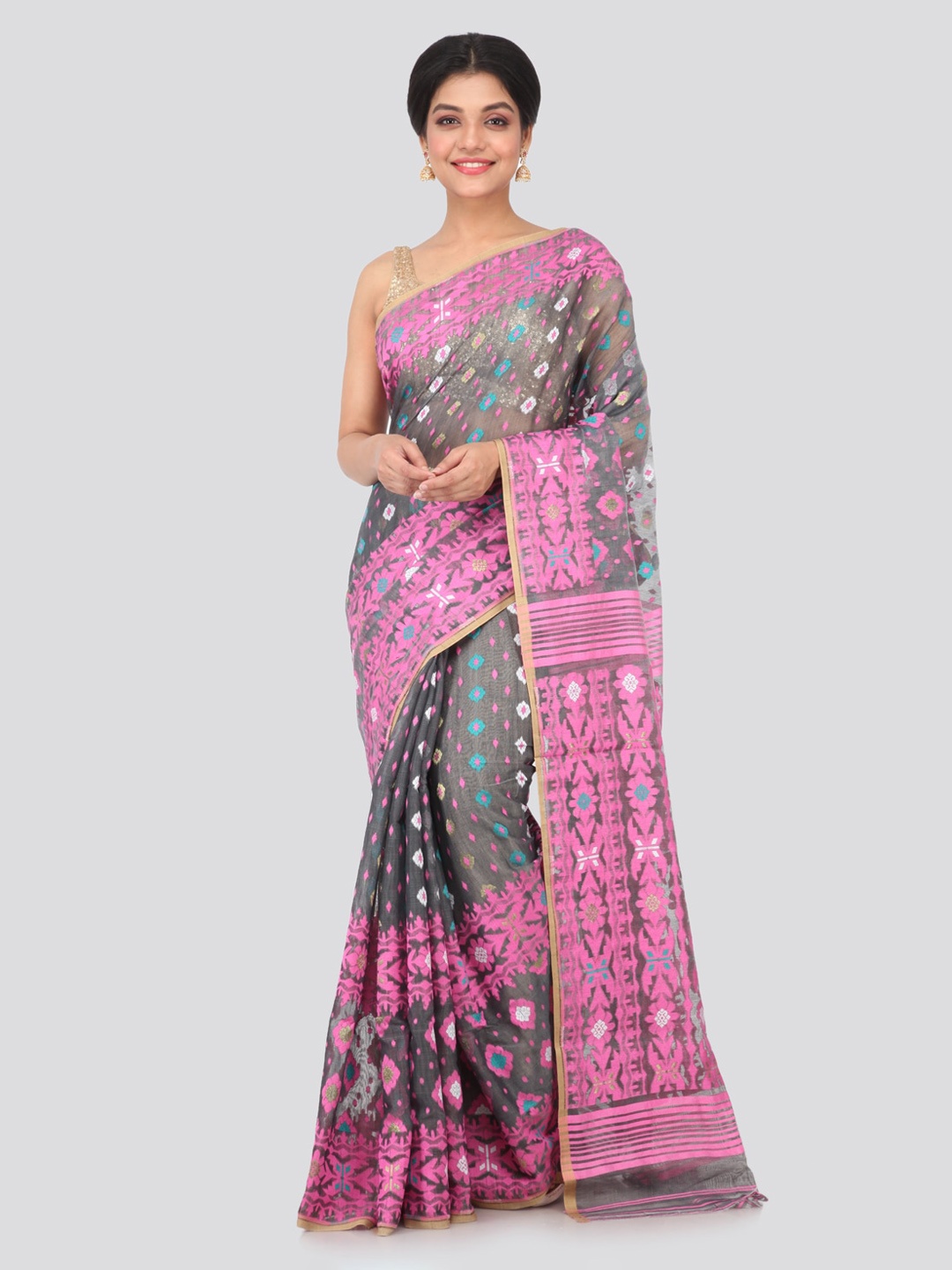

PinkLoom Grey Pure Cotton Woven Design Handloom Jamdani Sustainable Saree