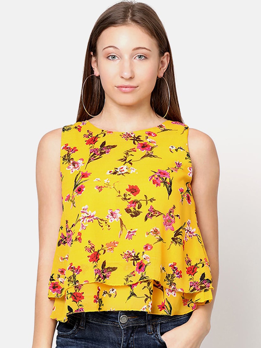 

V2 Value & Variety Yellow Floral Georgette Tiered Crop Top