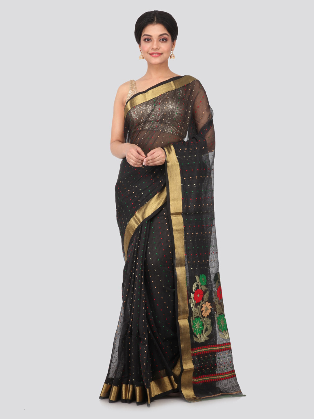 

PinkLoom Black Woven Design Cotton Blend Handloom Sustainable Saree