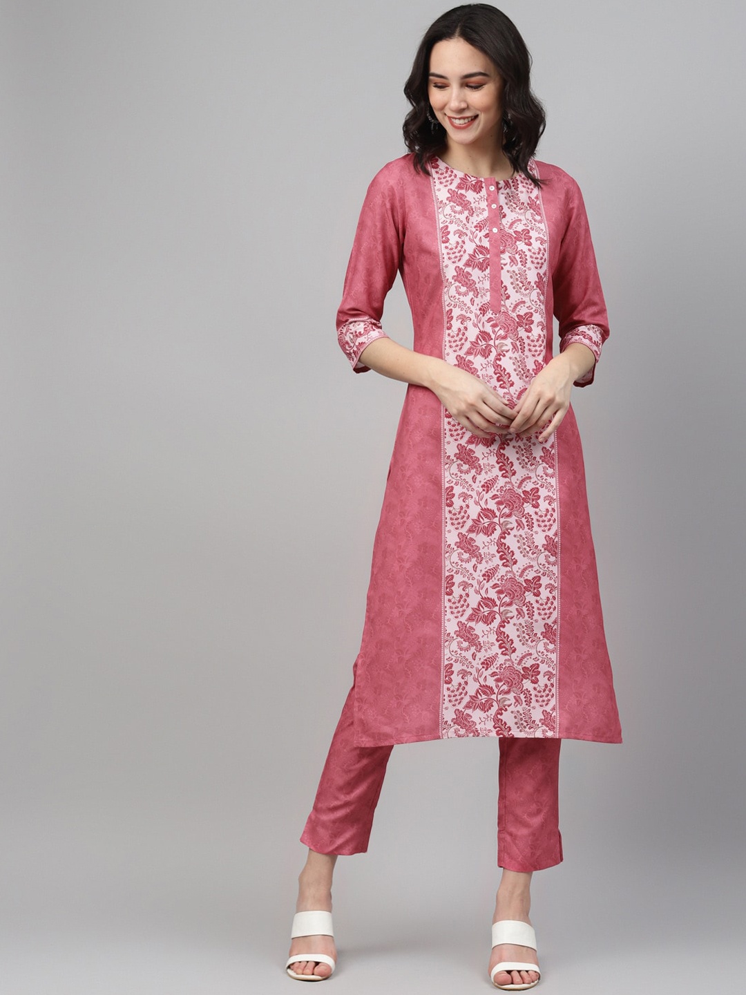 

ZIYAA Women Pink & White Floral Printed Kurta