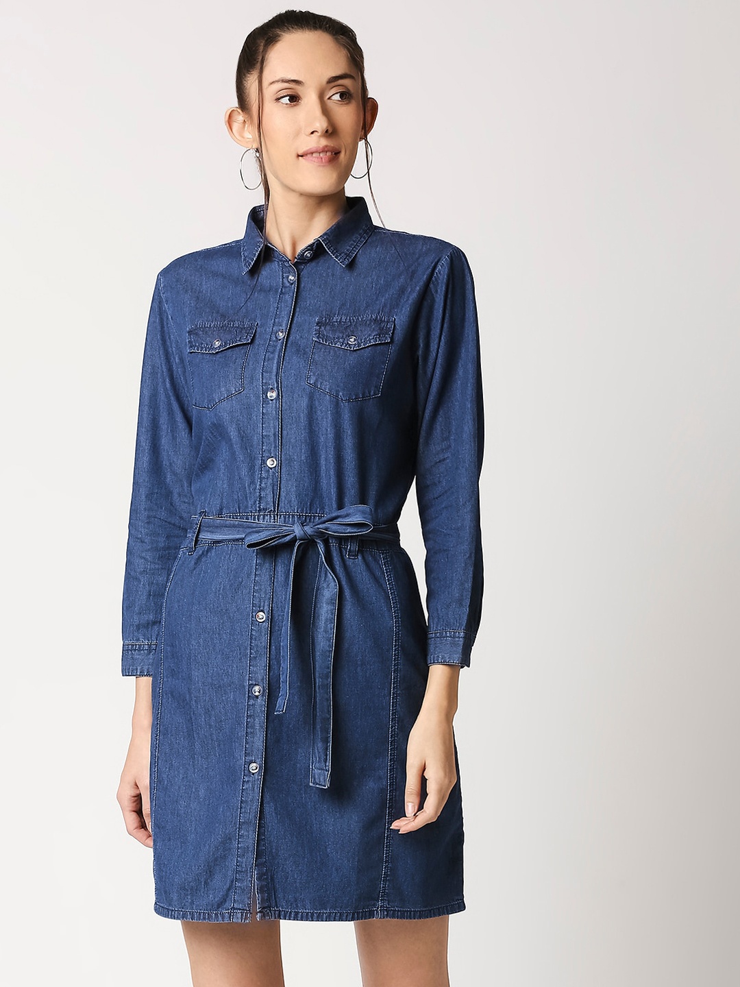 

High Star Women Navy Blue Solid Denim Shirt Dress with Belt