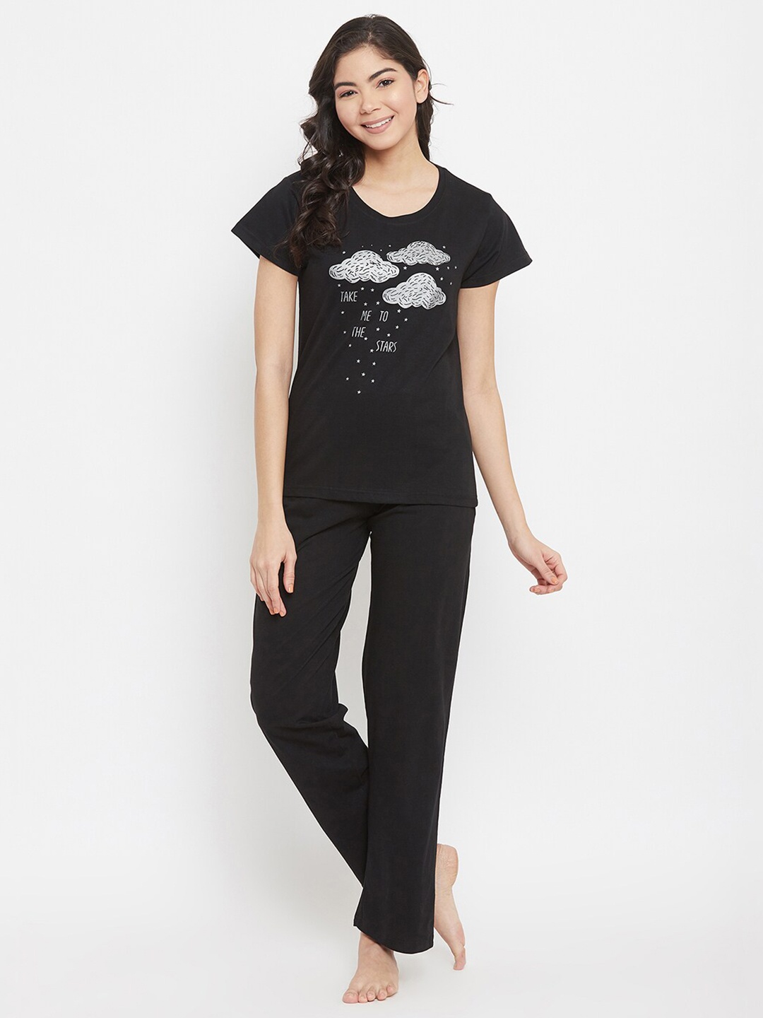 

Clovia Women Black & White Printed Night Suit