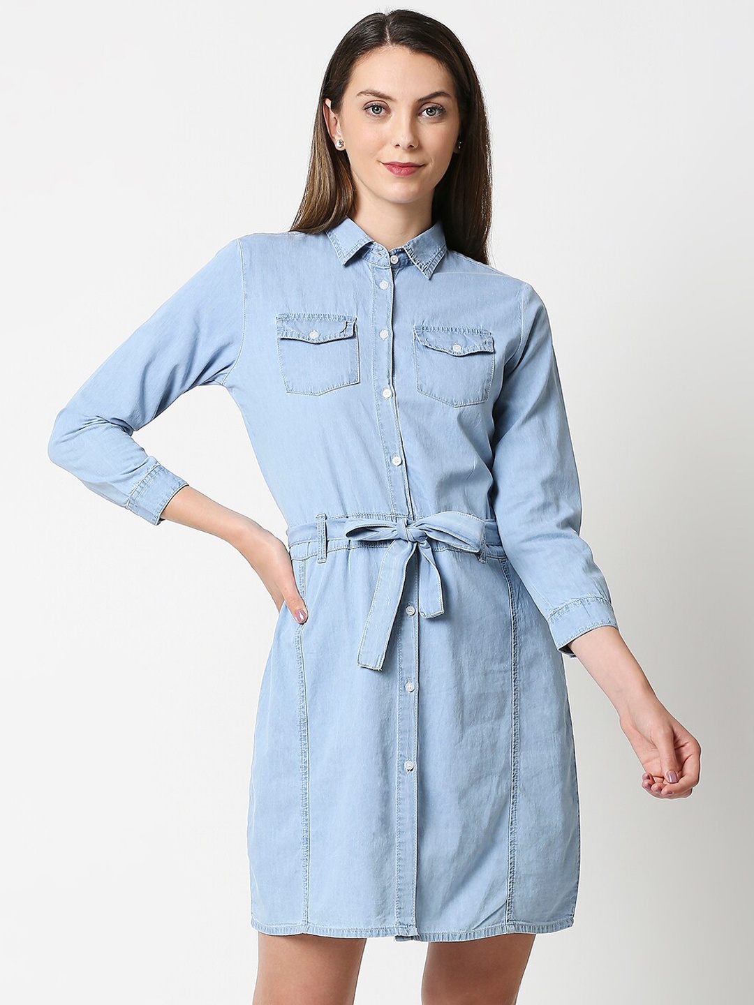 

High Star Women Blue Solid Denim Shirt Dress with Belt