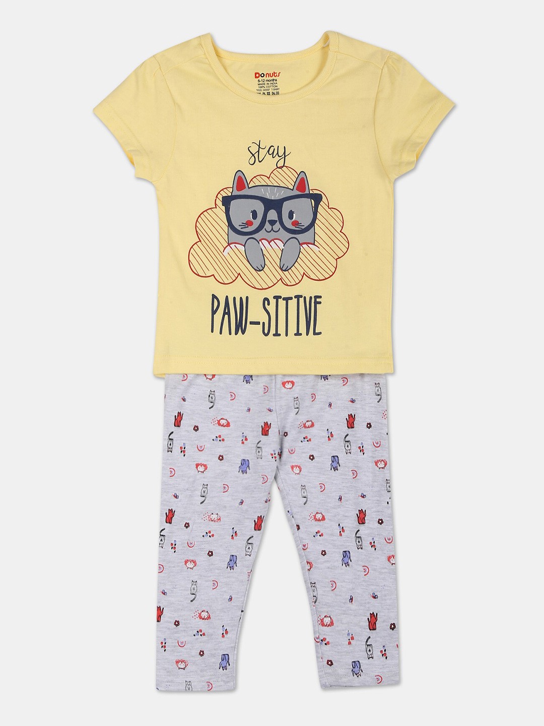 

Donuts Girls Yellow & Grey Printed Cotton T-shirt with Pyjamas