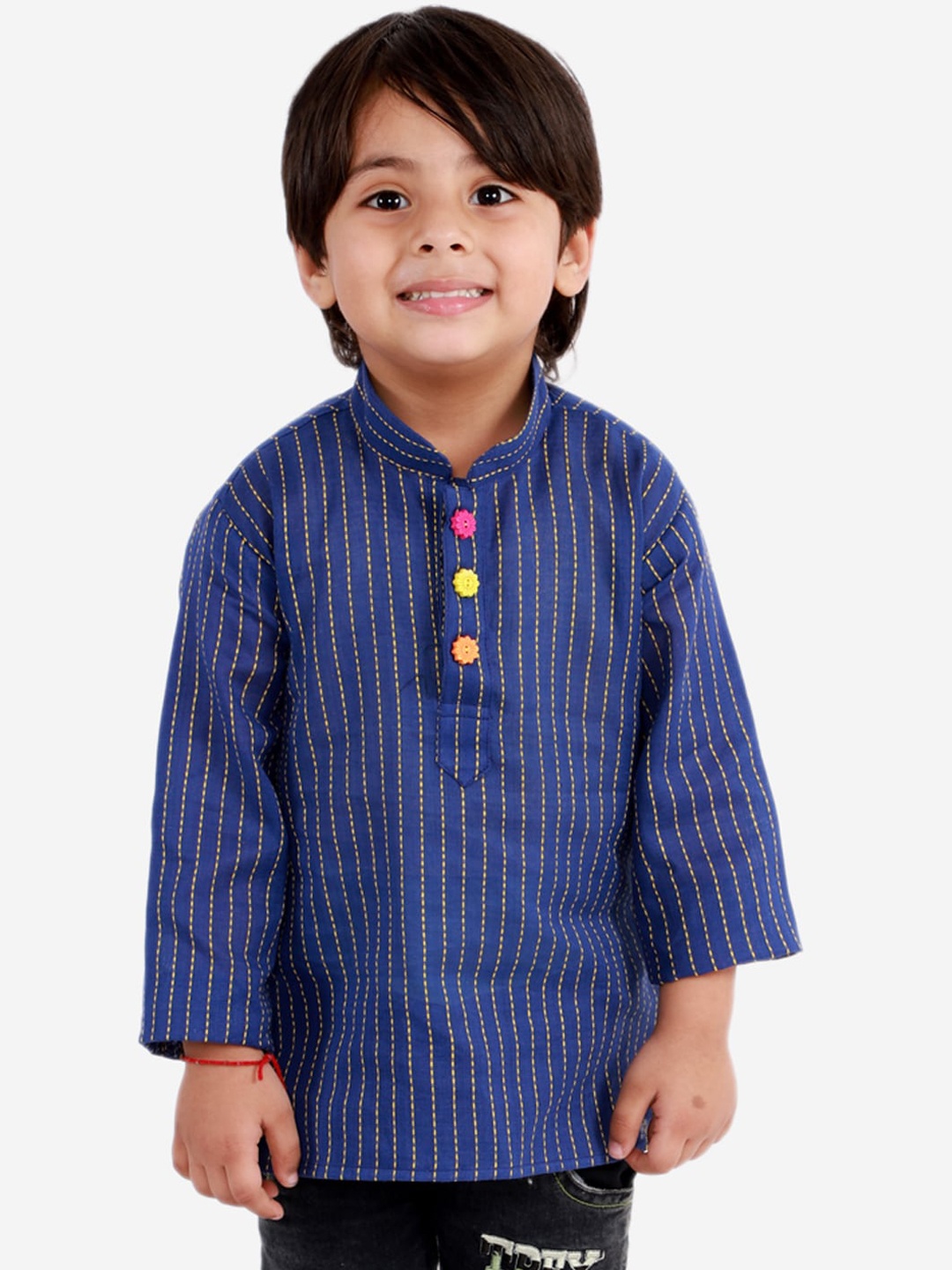 KID1 Boys Blue Striped Thread Work Handloom Kurta
