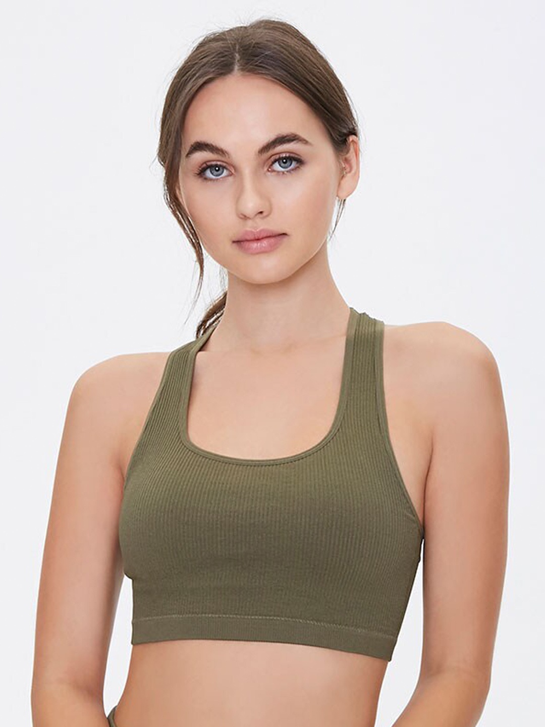 

FOREVER 21 Olive Green Solid Non-Wired Non Padded Workout Bra 41790404