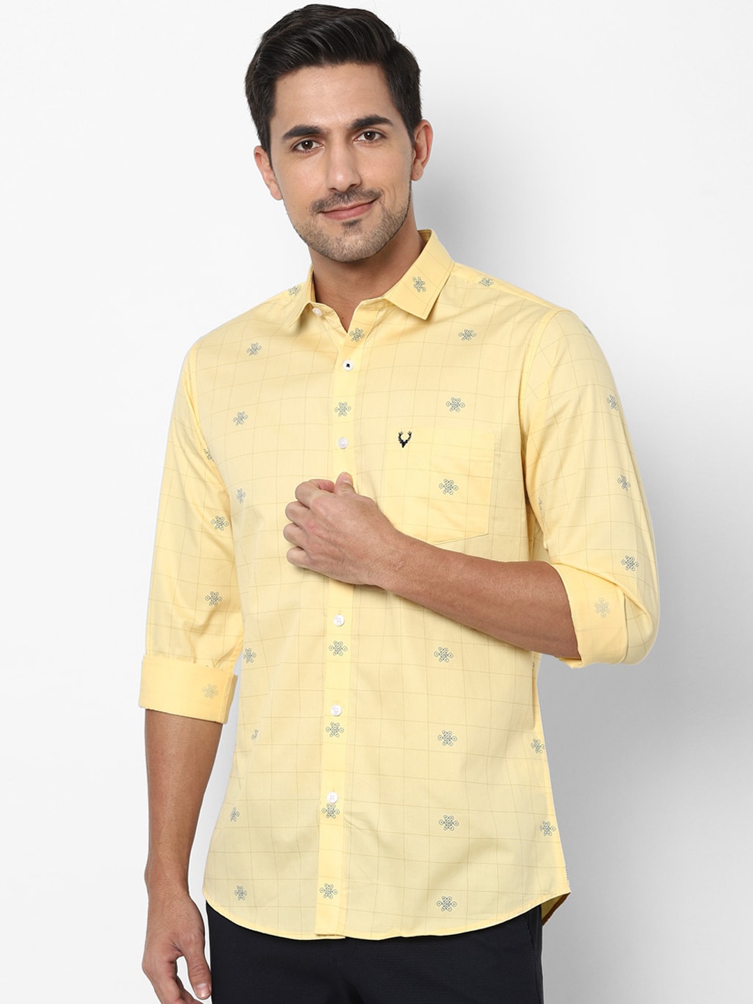 

Allen Solly Men Yellow & Navy Blue Slim Fit Checked & Printed Casual Shirt