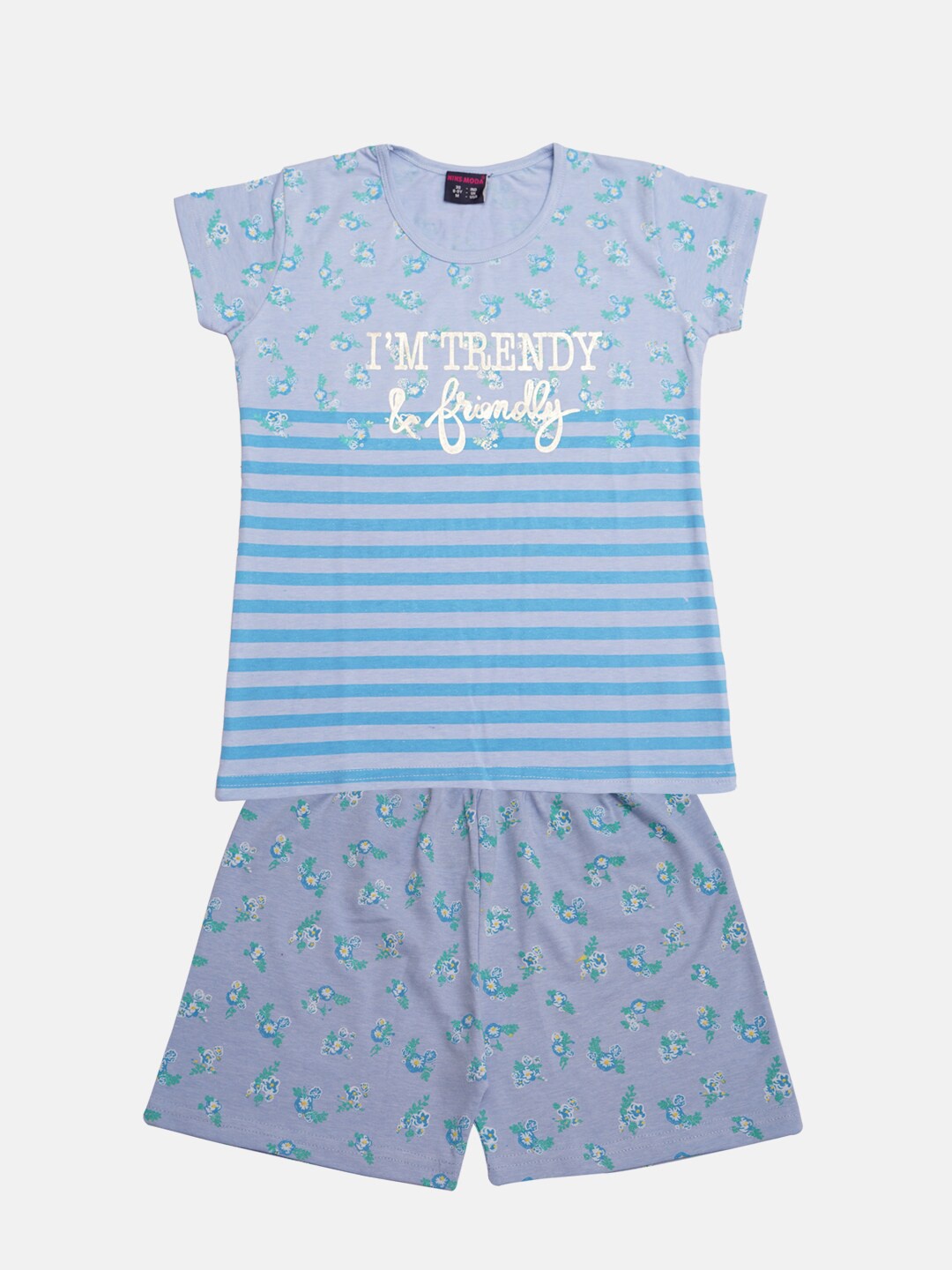 

Nins Moda Girls Blue & Grey Printed Night suit