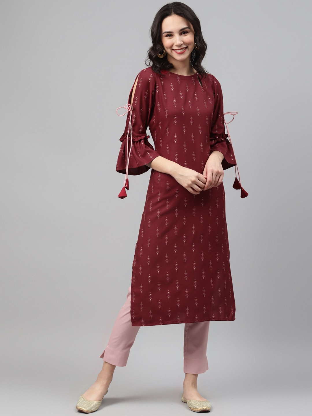 

ZIYAA Women Maroon Geometric Printed Flared Sleeves Kurta