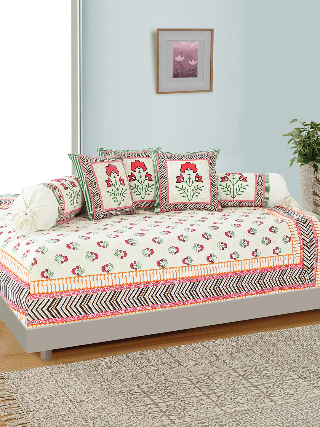

Salona Bichona Set Of 6 Off-White & Coral-Coloured Floral Printed 120 TC Cotton Bedsheet With Bolster & Cushion Covers