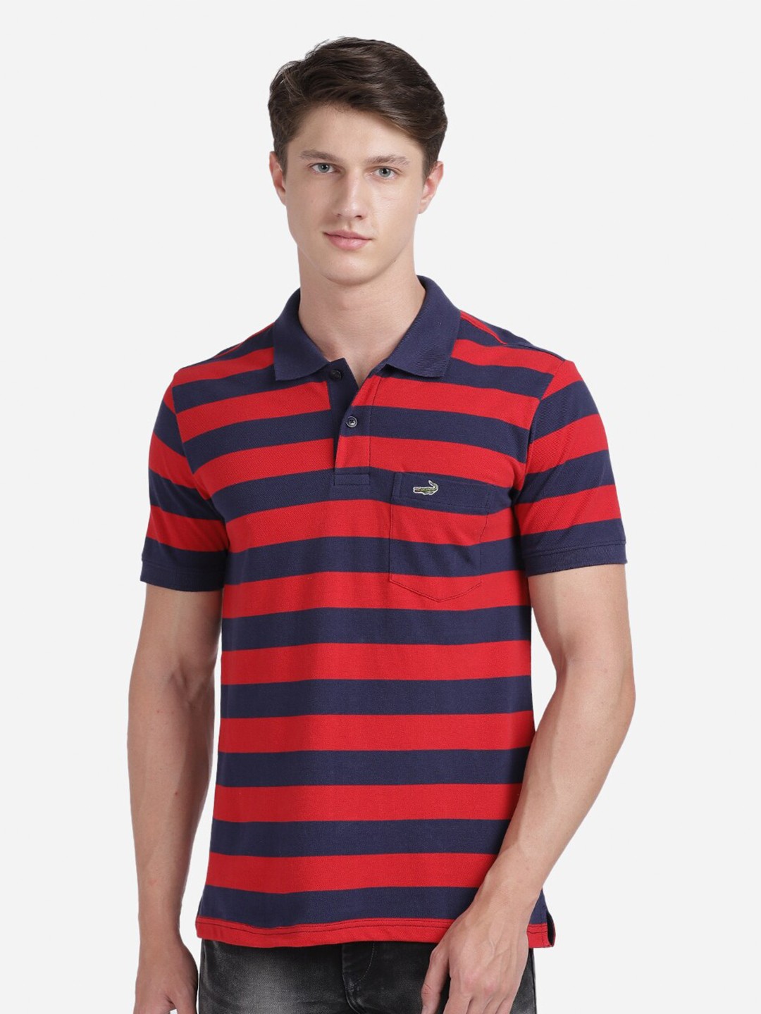 

Crocodile Men Navy Blue Striped Polo Collar Cotton T-shirt