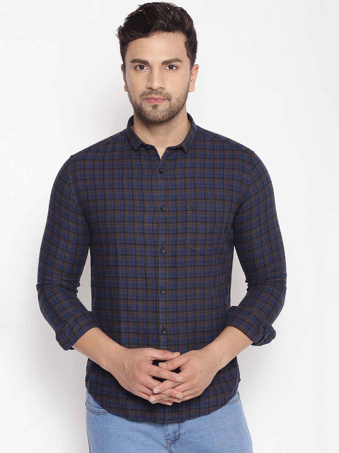 SHOWOFF Men Navy Blue & Brown Cotton Classic Slim Fit Checked Casual Shirt
