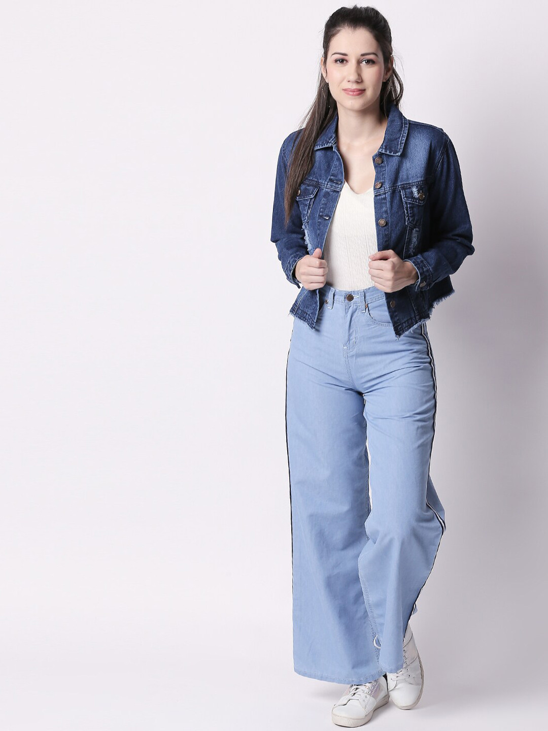 

High Star Women Navy Blue Washed Distressed Denim Jacket