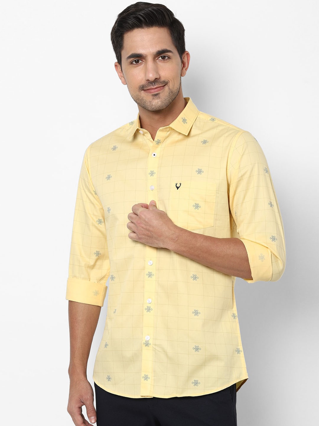 

Allen Solly Men Yellow & Navy Blue Slim Fit Checked & Printed Casual Shirt