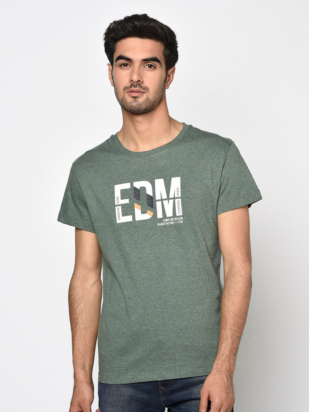 

Octave Men Olive Green Printed Round Neck T-shirt