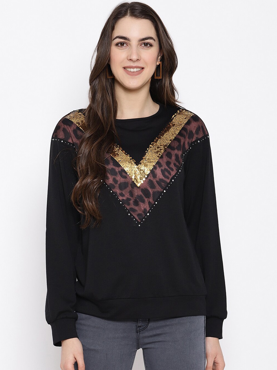 

iki chic Black Leopard Printed Regular Top