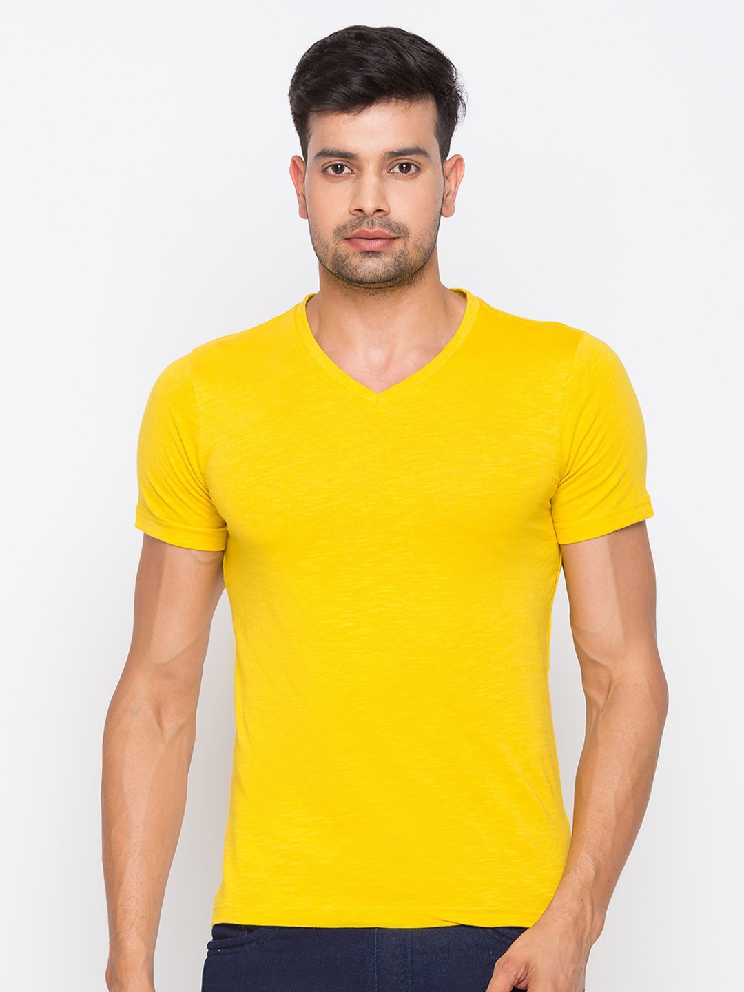 

Globus Men Mustard Solid V-Neck Cotton T-shirt