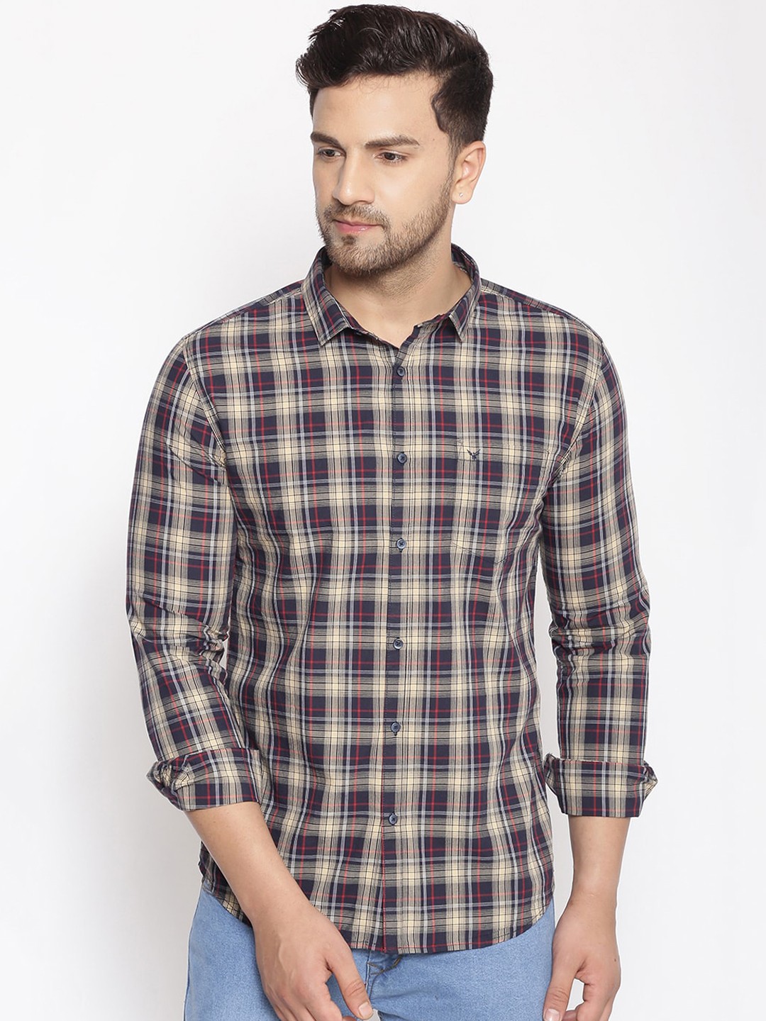 

SHOWOFF Men Beige & Navy Blue Cotton Classic Slim Fit Checked Casual Shirt