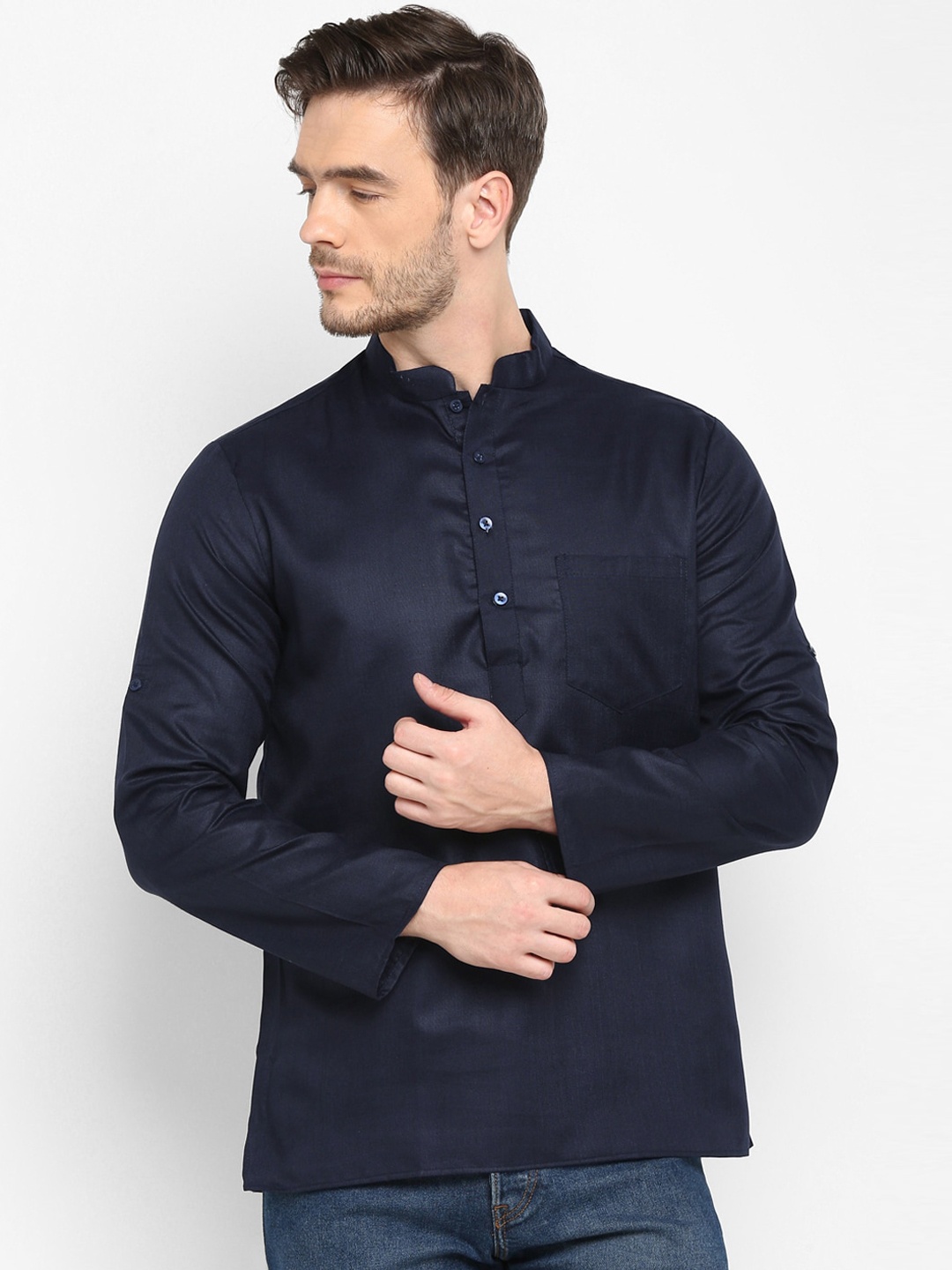 

Hangup Men Navy Blue Mandarin Collar Kurta