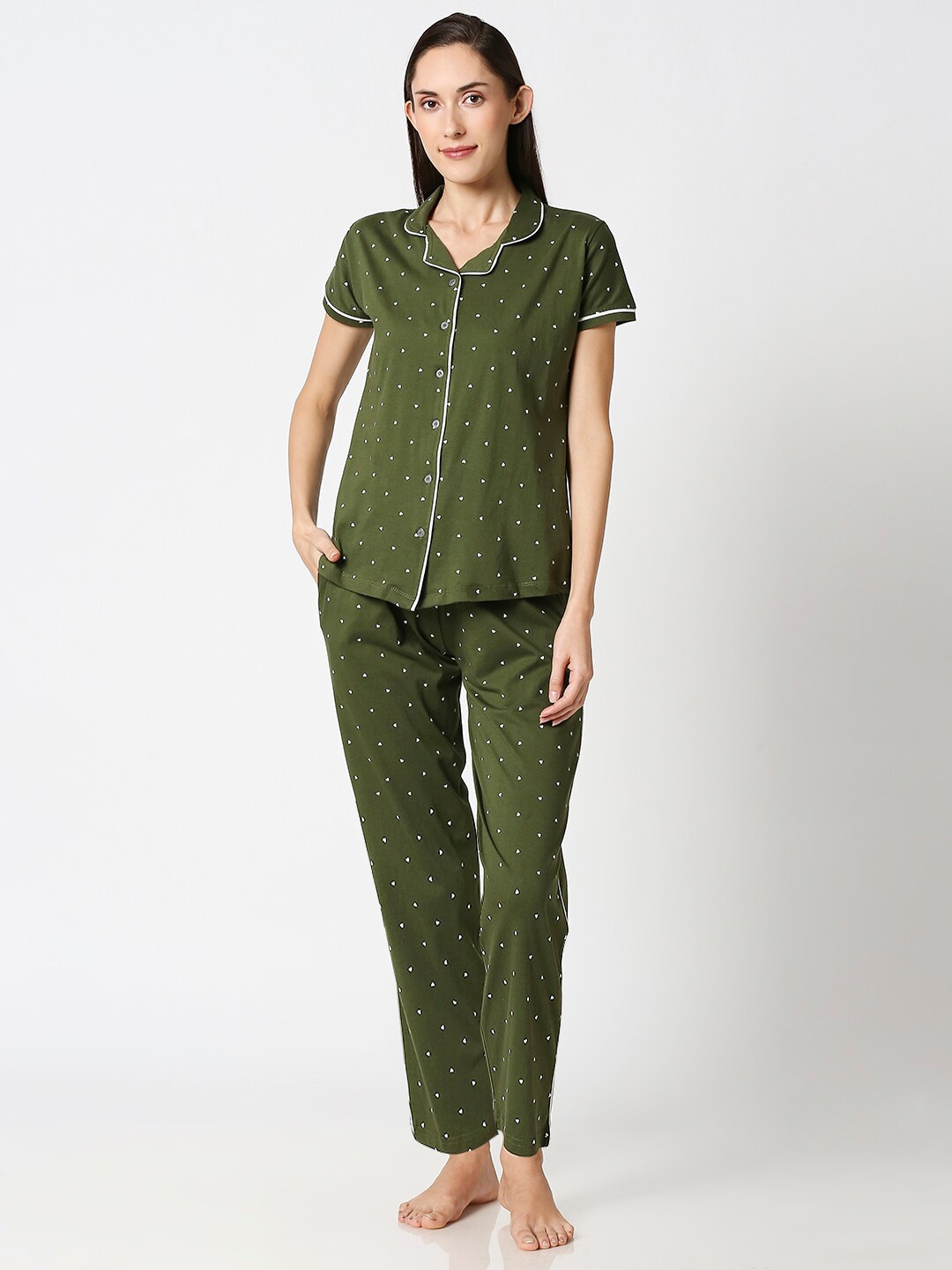 

AV2 Women Olive Green & White Printed Night suit