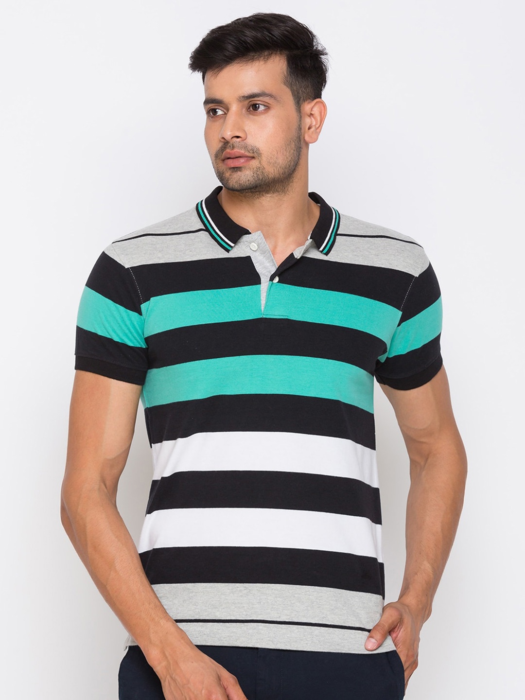 

Globus Men Grey Melange Striped Polo Collar Cotton T-shirt