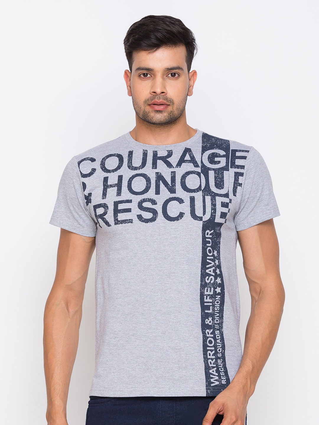

Globus Men Grey Melange & Navy Blue Cotton Printed Round Neck T-shirt