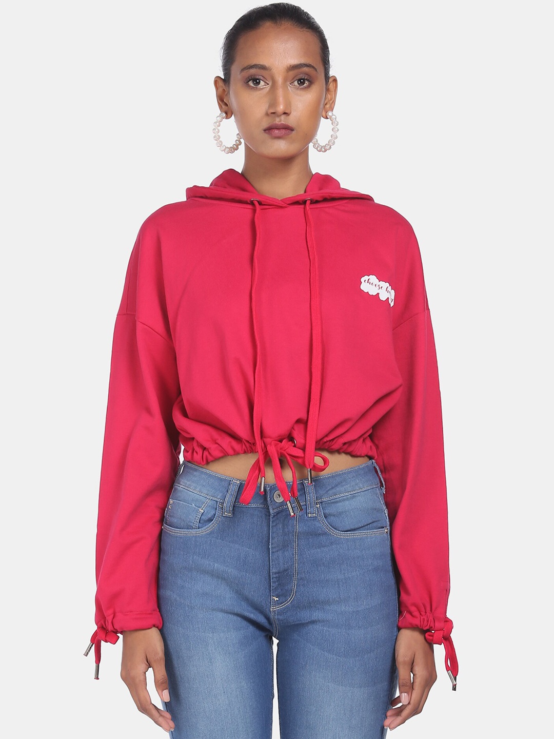 

Flying Machine Women Pink Solid Hooded Sweatshirt