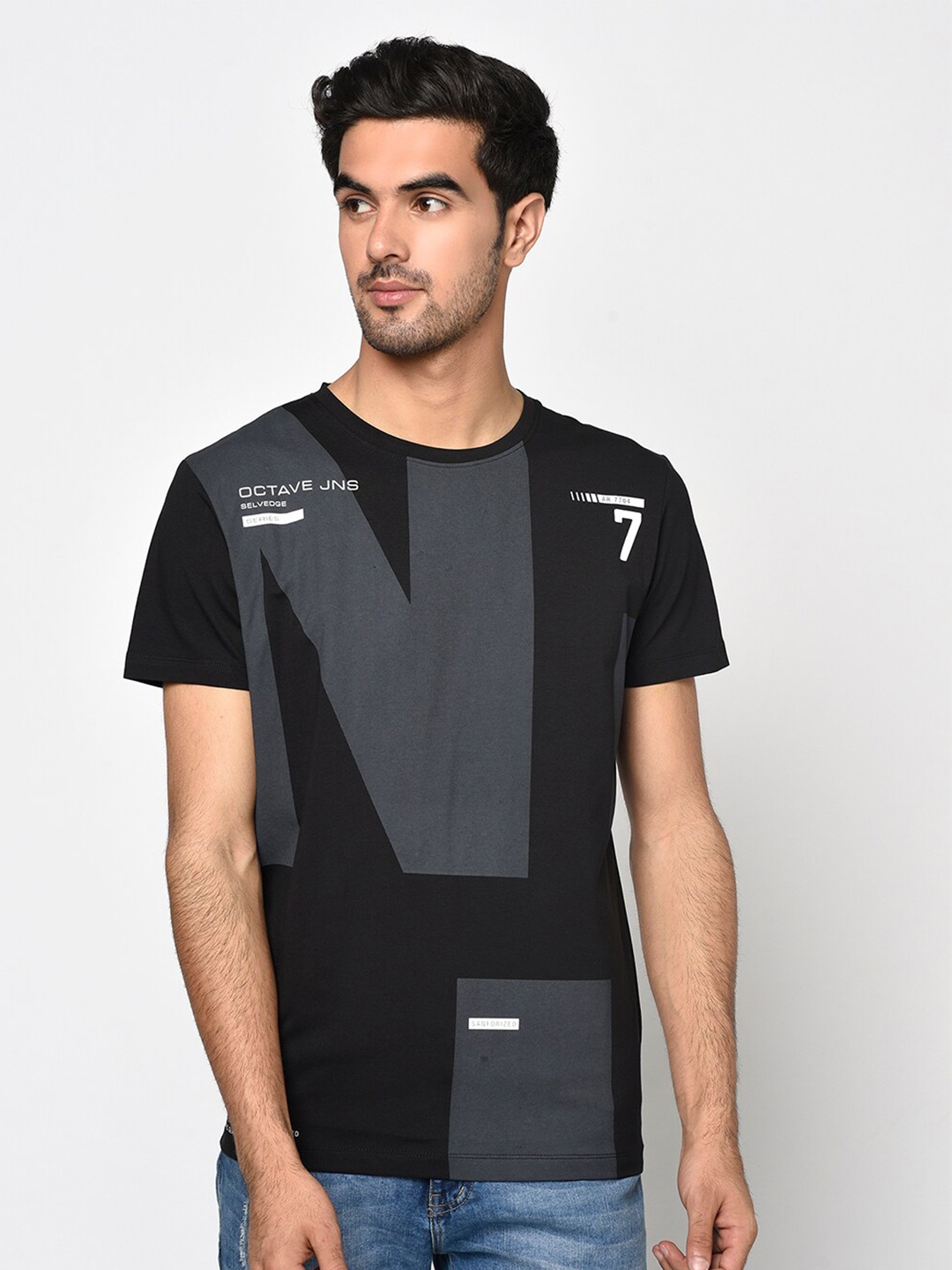 

Octave Men Black Printed Round Neck T-shirt