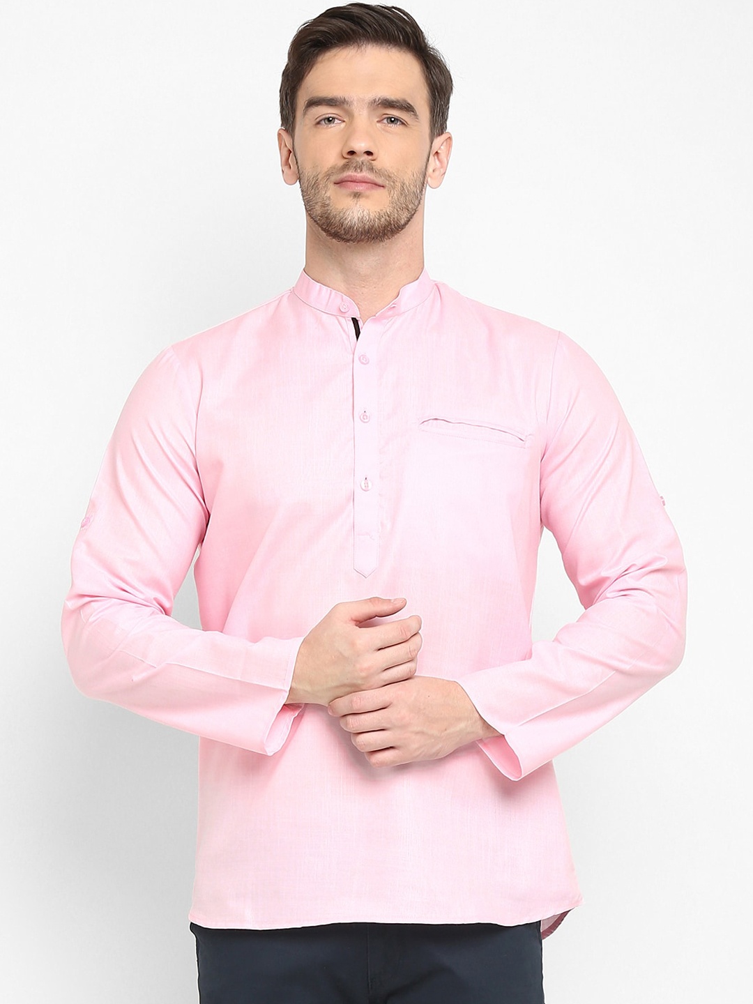 

Hangup Men Pink Mandarin Collar Kurta